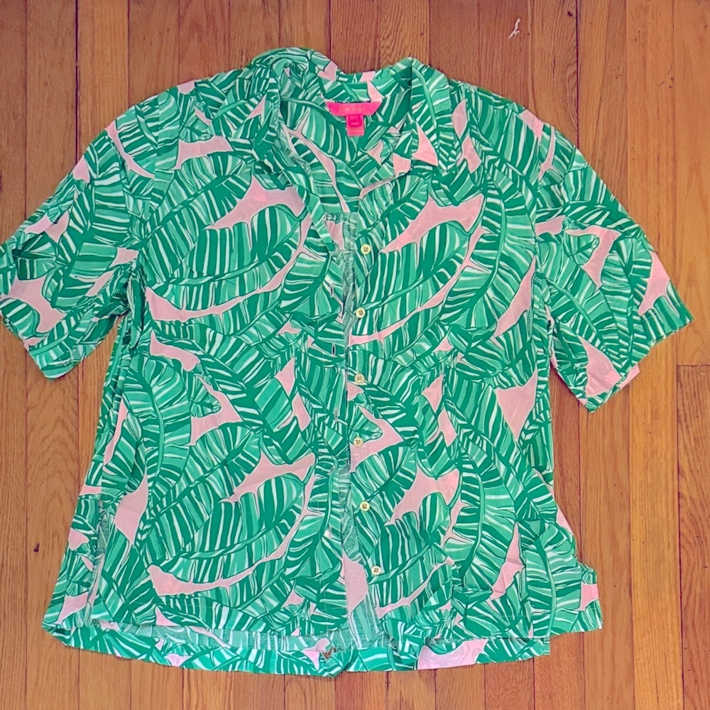 Lilly Pulitzer Green and Pink Leaf Print Shirt